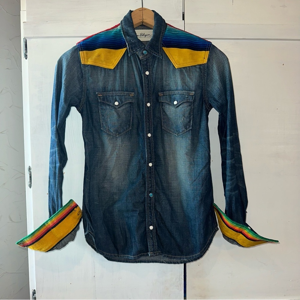 True Religion GEORGIA BAJA WESTERN Shirt Aztec Denim Pearl Snap Serape S: XS / S - Picture 3 of 10